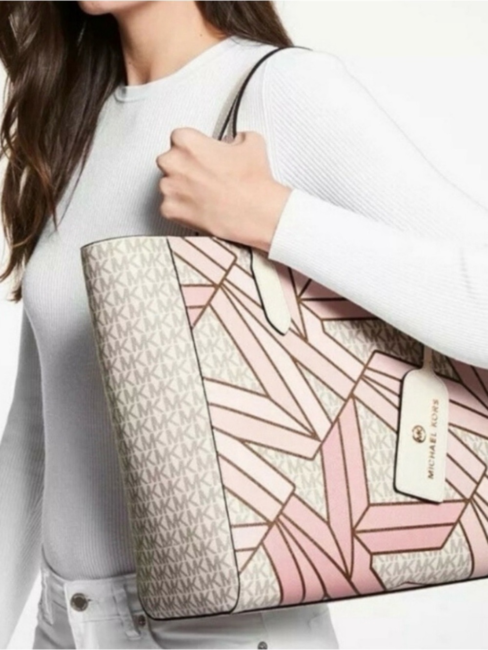 Michael Kors Pink and Beige Signature Geometric Tote